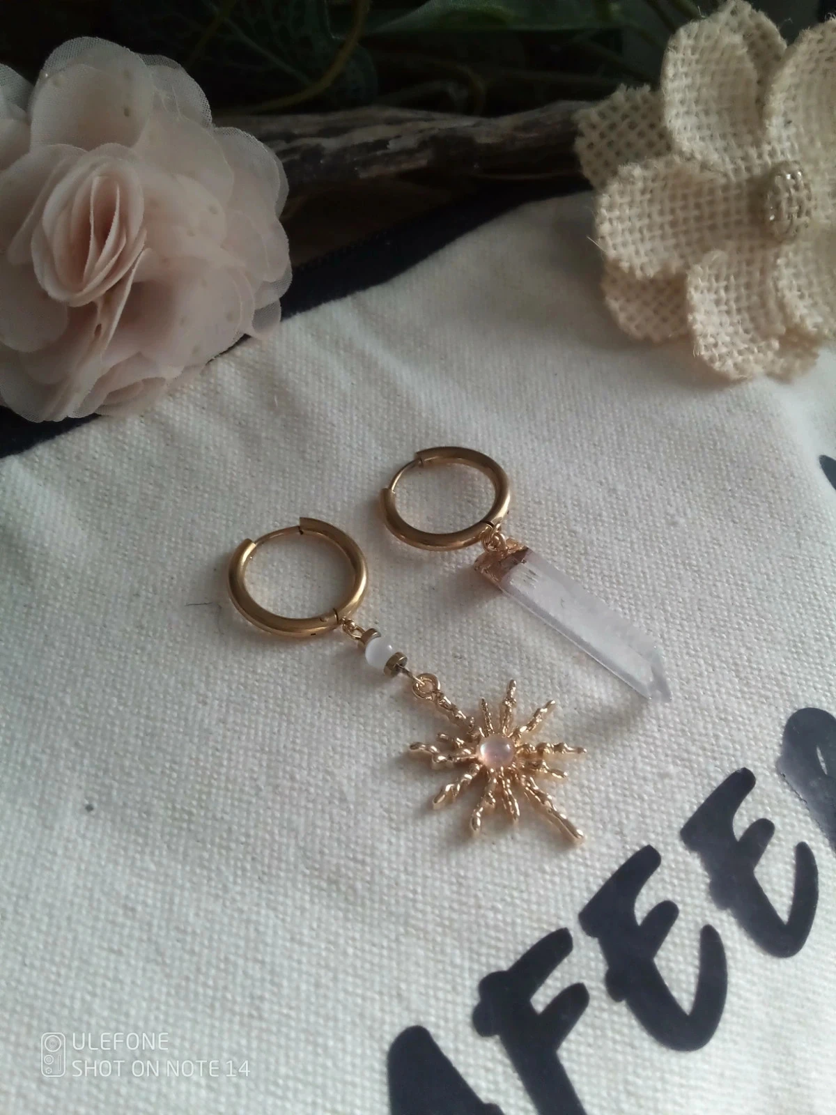 Asymmetrical Bohemian star and quartz crystal small hoop earrings – photo 2
